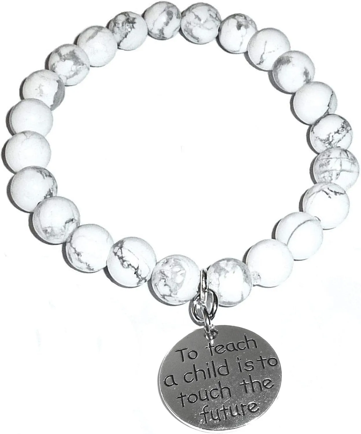 Hidden Hollow Beads Howlite Natural White Stone Women's Stretch Beaded Bracelet, Inspirational Message Charm