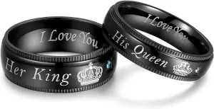 His Queen Her King Matching Promise Rings for Couple Sets Wedding Band Laser Crown and CZ Stainless Steel Queen & King His and Hers Wedding Rings for Couples