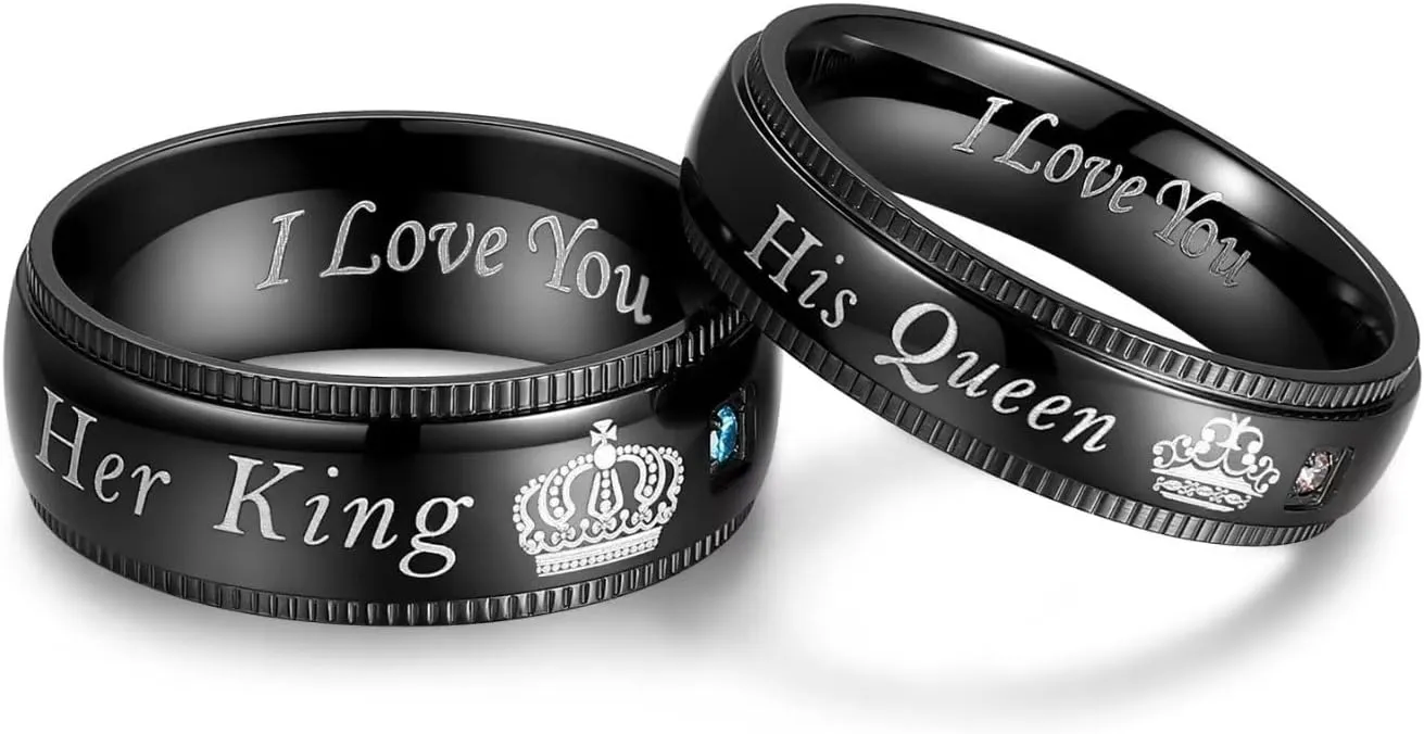 His Queen Her King Matching Promise Rings for Couple Sets Wedding Band Laser Crown and CZ Stainless Steel Queen & King His and Hers Wedding Rings for Couples