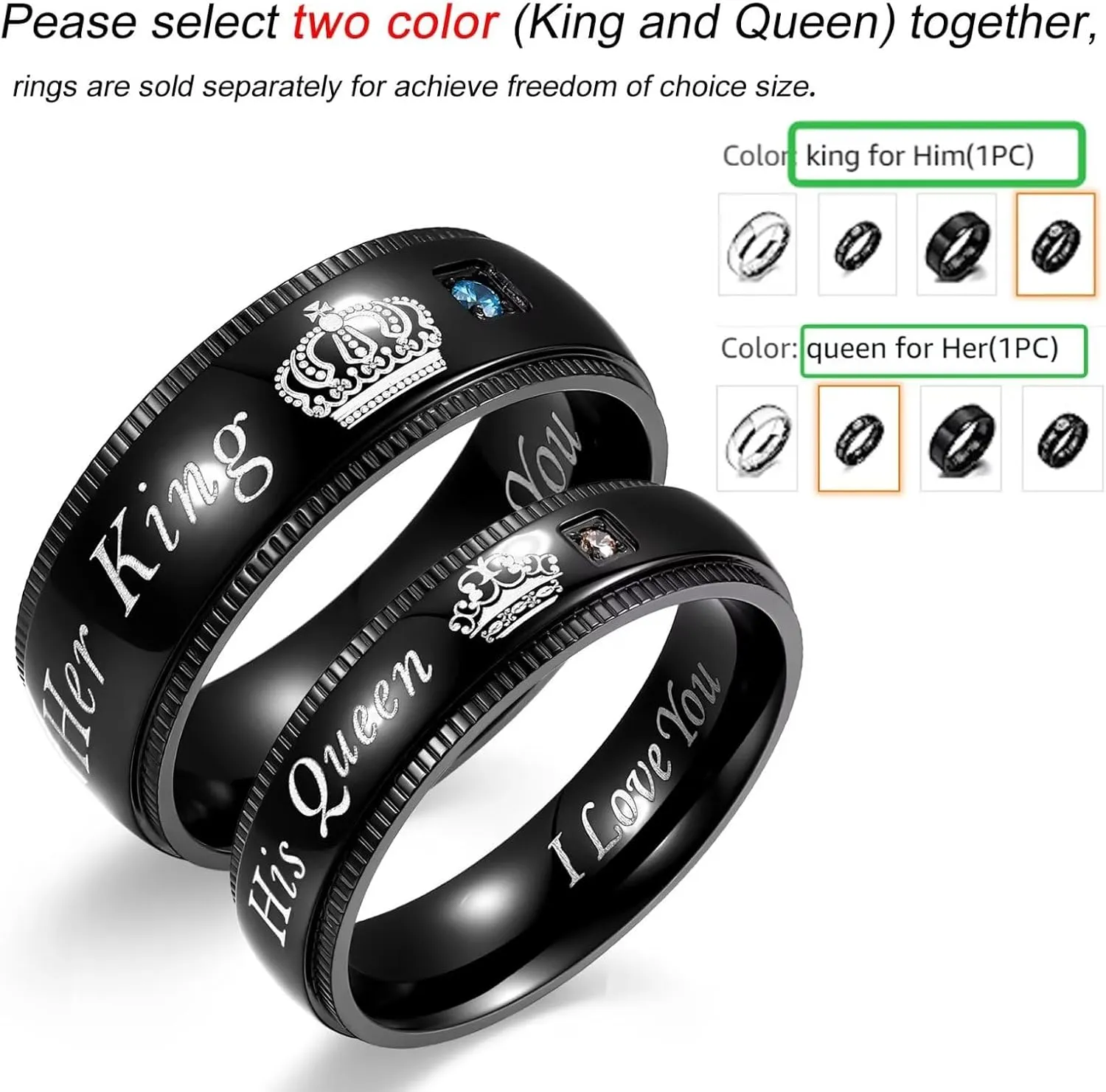 His Queen Her King Matching Promise Rings for Couple Sets Wedding Band Laser Crown and CZ Stainless Steel Queen & King His and Hers Wedding Rings for Couples