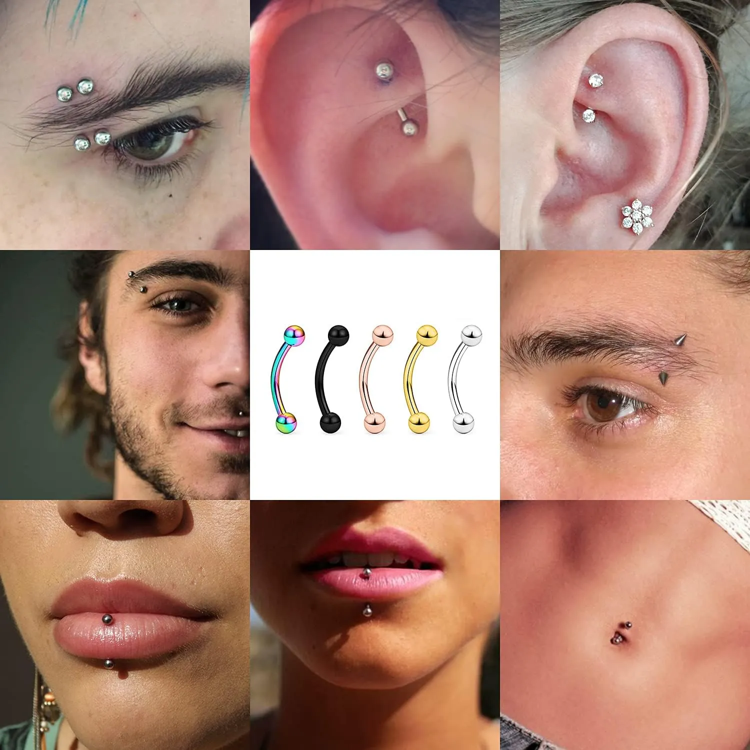Hoeudjo 40Pcs 16G Eyebrow Piercing Rook Earrings Daith Piercing Jewelry Curved Barbell Kit Surgical Steel Tragus Vertical Lip Rings for Women Men 8mm (5/16") - 10mm (3/8")