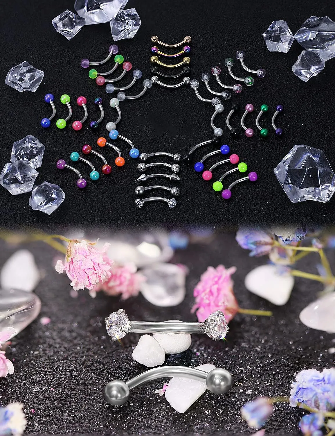 Hoeudjo 40Pcs 16G Eyebrow Piercing Rook Earrings Daith Piercing Jewelry Curved Barbell Kit Surgical Steel Tragus Vertical Lip Rings for Women Men 8mm (5/16") - 10mm (3/8")