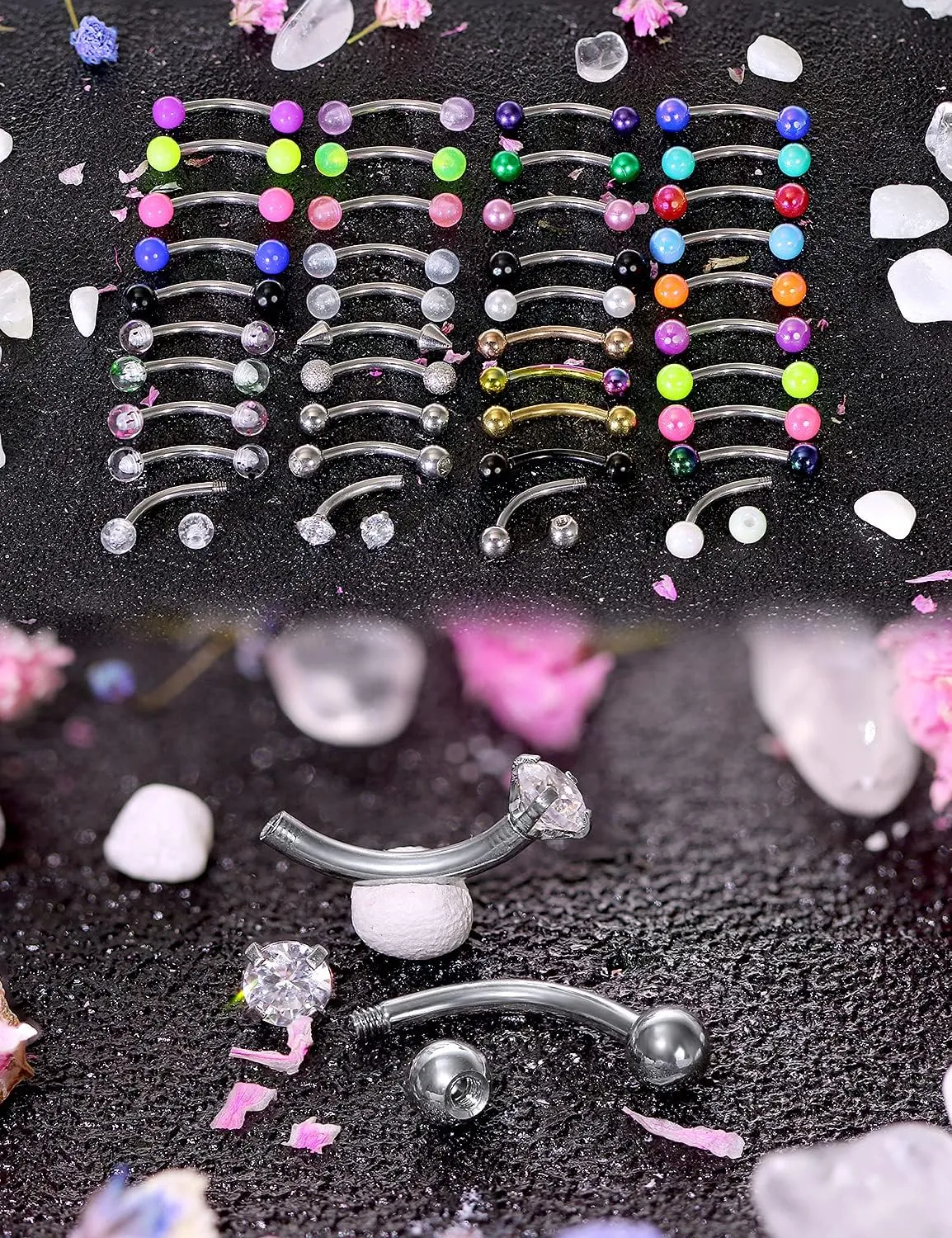 Hoeudjo 40Pcs 16G Eyebrow Piercing Rook Earrings Daith Piercing Jewelry Curved Barbell Kit Surgical Steel Tragus Vertical Lip Rings for Women Men 8mm (5/16") - 10mm (3/8")