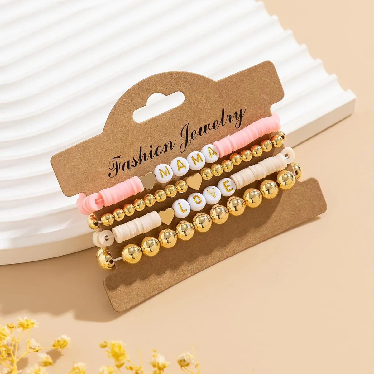 Holiday Heishi Surfer Bracelet Set for Women Mother's Day Beaded Stretch Bracelet Y2k Mama Love Heart Colorful Clay Stackable Charm Bracelets Festive Jewelry Gifts