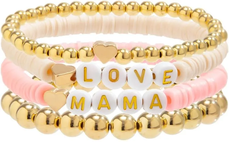 Holiday Heishi Surfer Bracelet Set for Women Mother's Day Beaded Stretch Bracelet Y2k Mama Love Heart Colorful Clay Stackable Charm Bracelets Festive Jewelry Gifts