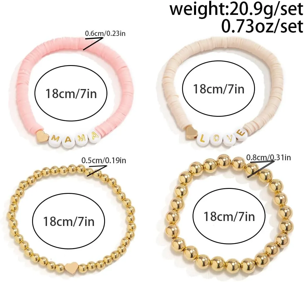 Holiday Heishi Surfer Bracelet Set for Women Mother's Day Beaded Stretch Bracelet Y2k Mama Love Heart Colorful Clay Stackable Charm Bracelets Festive Jewelry Gifts