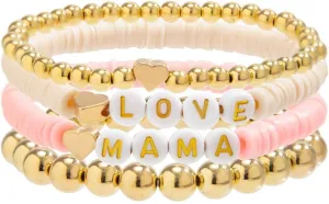 Holiday Heishi Surfer Bracelet Set for Women Mother's Day Beaded Stretch Bracelet Y2k Mama Love Heart Colorful Clay Stackable Charm Bracelets Festive Jewelry Gifts