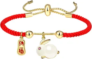 Homoyoyo Handwoven Rabbit Charm Bracelet Adjustable Red String Woven Bracelet Year Present for Friends Family Symbol of Protection Love Fortune