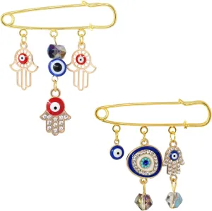 Honbay 2PCS Enamel Evil Eye Brooch Pins Safety Pins Rhinestones Lapel Pins with Tassel - 2 Style
