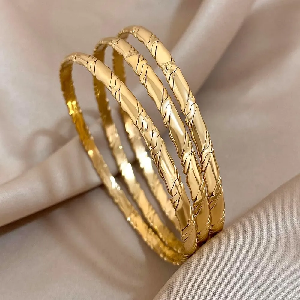 hotoo 3mm/4mm Stainless Steel Thin Bangle Bracelet Gold Stackable Bracelets For Women Christmas Birthday Gifts 3PCS