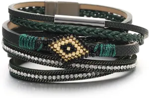 hotoo Beads Evil Eye Bracelets for Women Trendy Rhinestone Beads Green Leather Bracelets Men Christmas Gifts