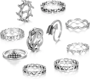HUJUON 10-11Pcs Vintage Silver Midi Rings Set Cupid Arrow Love Heart Leaf Band Joint Rings Geometric Star Knuckle Stackable Finger Rings Pack for Women