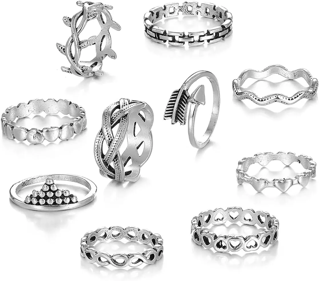 HUJUON 10-11Pcs Vintage Silver Midi Rings Set Cupid Arrow Love Heart Leaf Band Joint Rings Geometric Star Knuckle Stackable Finger Rings Pack for Women