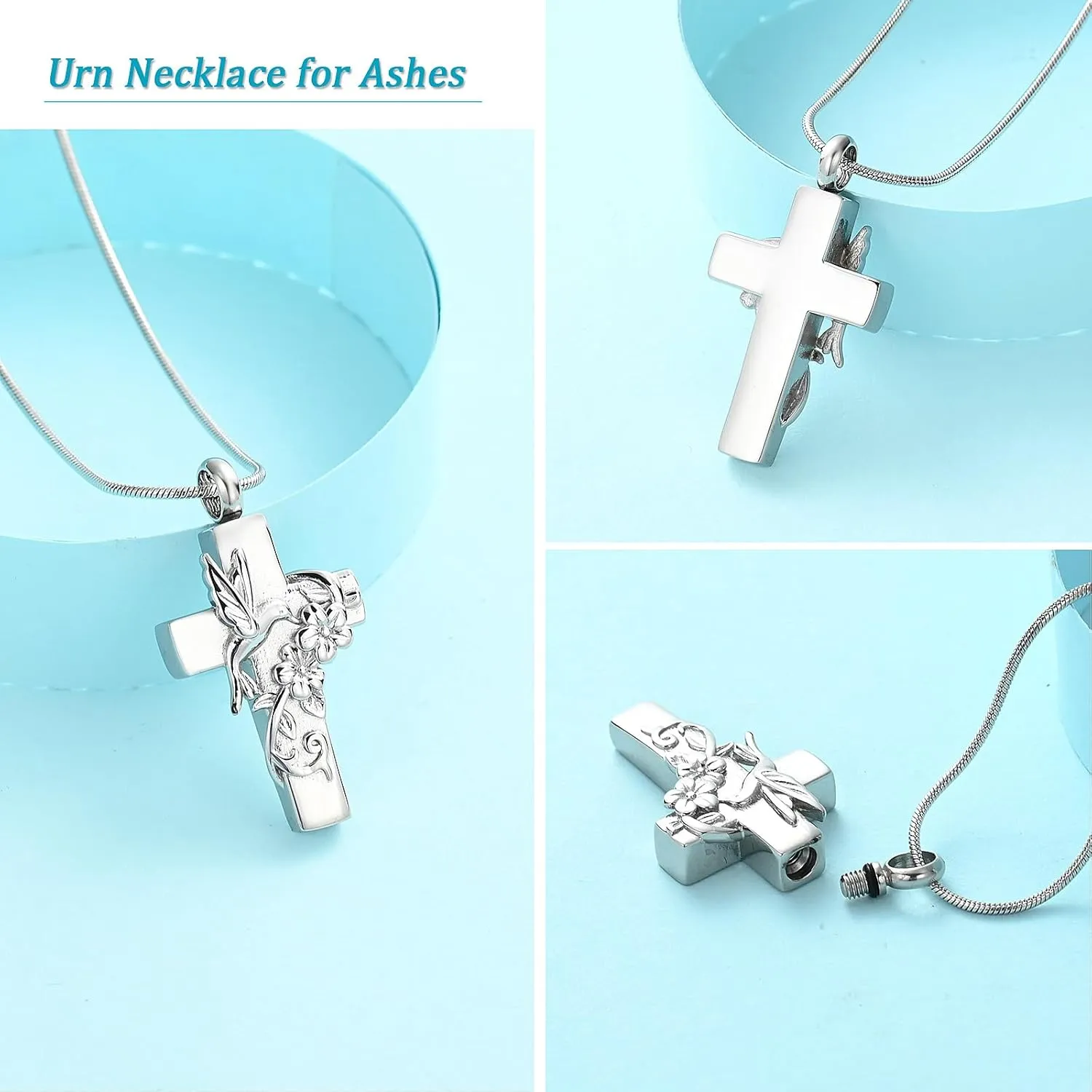Hummingbird Cross Urn Necklace for Ashes Cremation Jewelry for Women Men Stainless Steel Memorial Necklaces Ash Holder for Human Pets Keepsake Jewelry for Loved Ones with Fill Tool