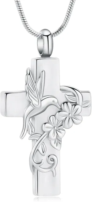 Hummingbird Cross Urn Necklace for Ashes Cremation Jewelry for Women Men Stainless Steel Memorial Necklaces Ash Holder for Human Pets Keepsake Jewelry for Loved Ones with Fill Tool