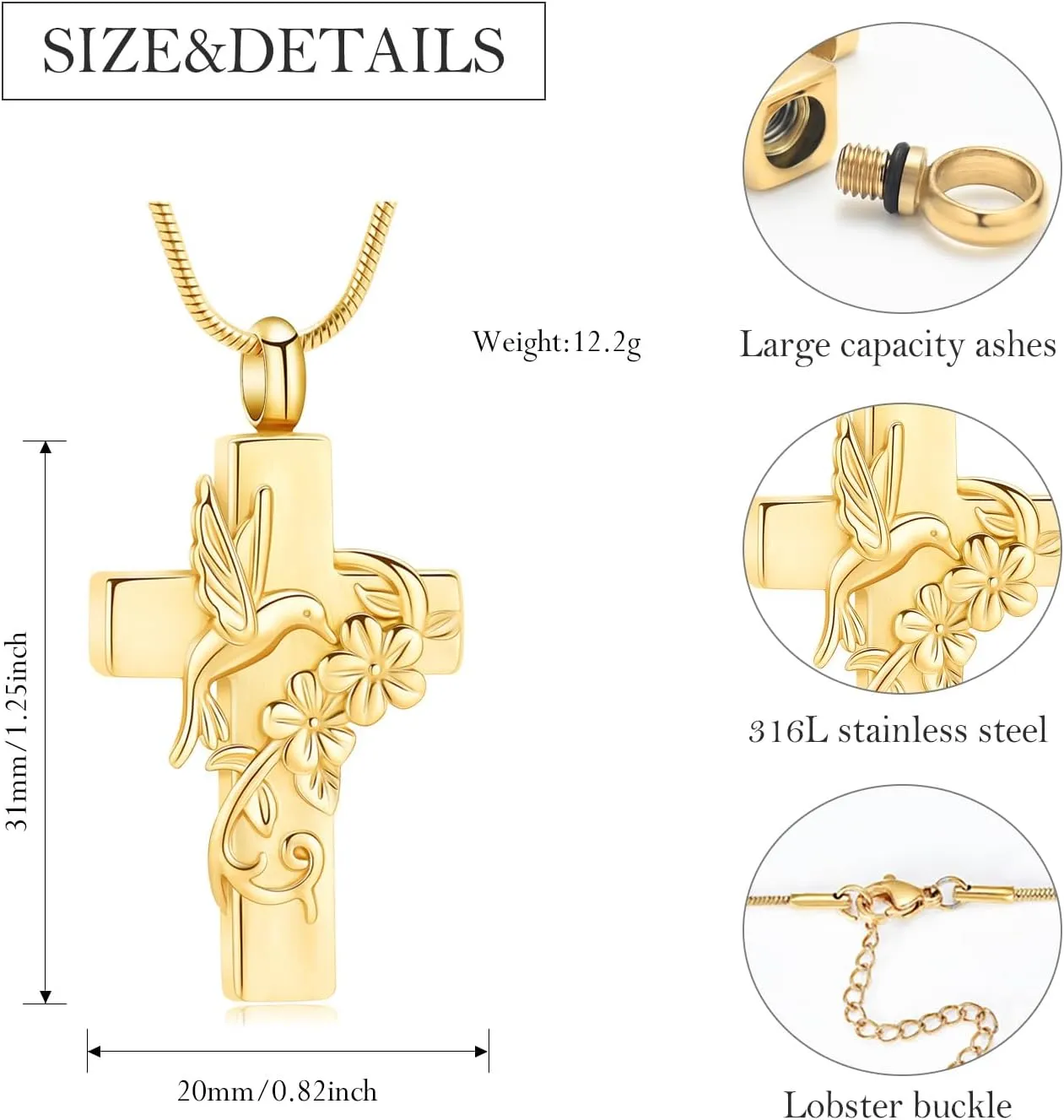 Hummingbird Cross Urn Necklace for Ashes Cremation Jewelry for Women Men Stainless Steel Memorial Necklaces Ash Holder for Human Pets Keepsake Jewelry for Loved Ones with Fill Tool