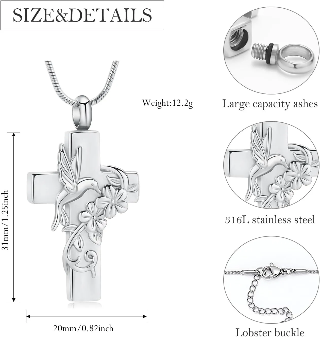 Hummingbird Cross Urn Necklace for Ashes Cremation Jewelry for Women Men Stainless Steel Memorial Necklaces Ash Holder for Human Pets Keepsake Jewelry for Loved Ones with Fill Tool
