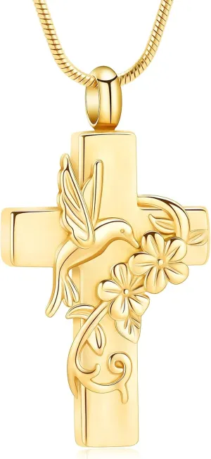 Hummingbird Cross Urn Necklace for Ashes Cremation Jewelry for Women Men Stainless Steel Memorial Necklaces Ash Holder for Human Pets Keepsake Jewelry for Loved Ones with Fill Tool