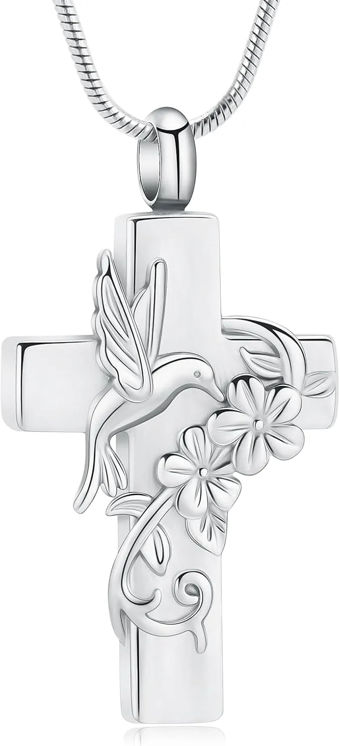 Hummingbird Cross Urn Necklace for Ashes Cremation Jewelry for Women Men Stainless Steel Memorial Necklaces Ash Holder for Human Pets Keepsake Jewelry for Loved Ones with Fill Tool