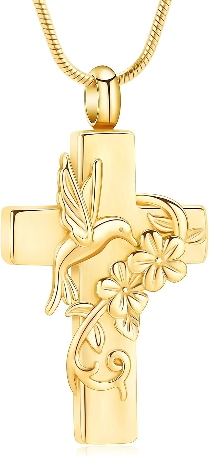 Hummingbird Cross Urn Necklace for Ashes Cremation Jewelry for Women Men Stainless Steel Memorial Necklaces Ash Holder for Human Pets Keepsake Jewelry for Loved Ones with Fill Tool