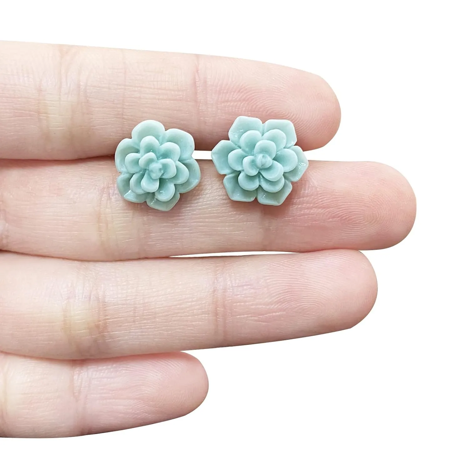 Hypoallergenic Succulent Earrings 13mm 925 Sterling Silver Post Soft Ceramic Resin Handmade Stud Earrings for Women Sensitive Ears - Aqua Blue