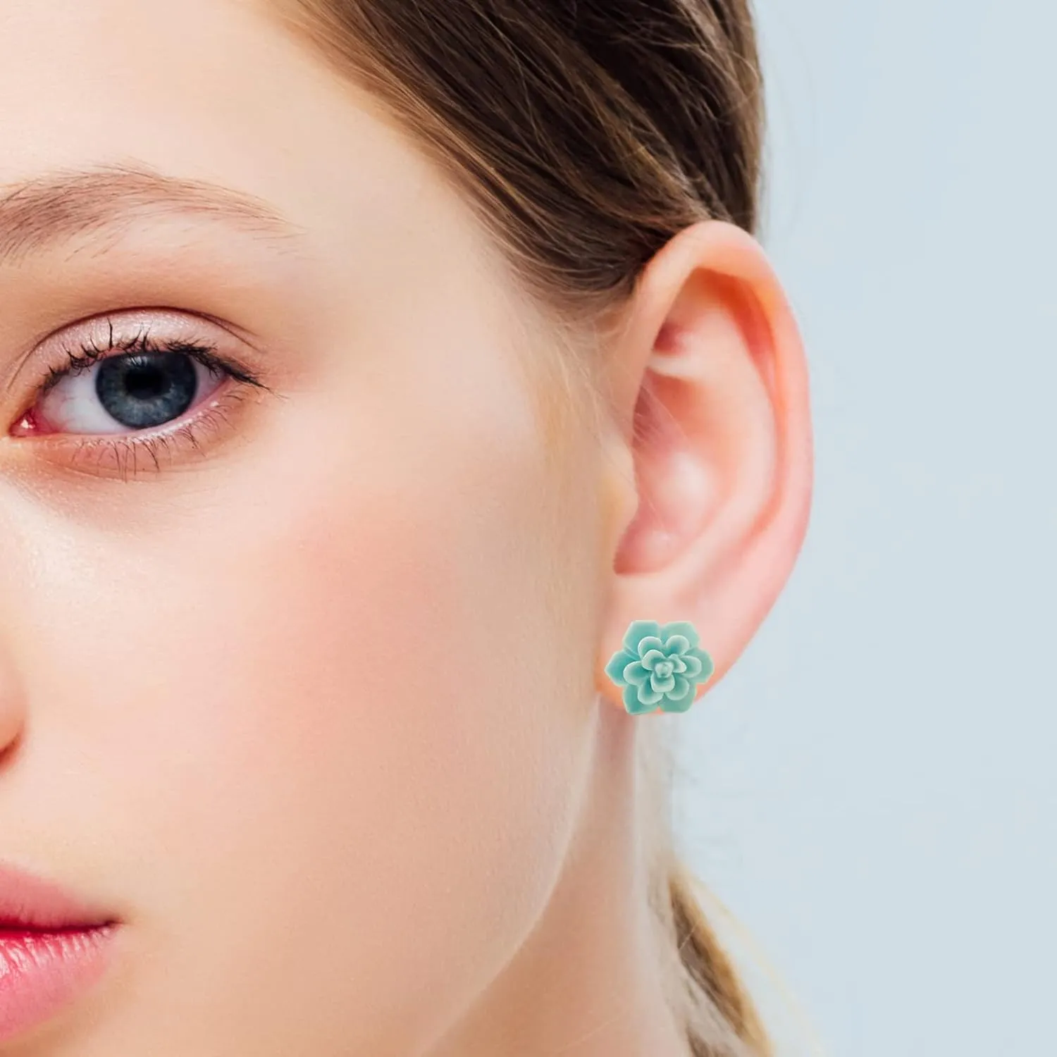 Hypoallergenic Succulent Earrings 13mm 925 Sterling Silver Post Soft Ceramic Resin Handmade Stud Earrings for Women Sensitive Ears - Aqua Blue