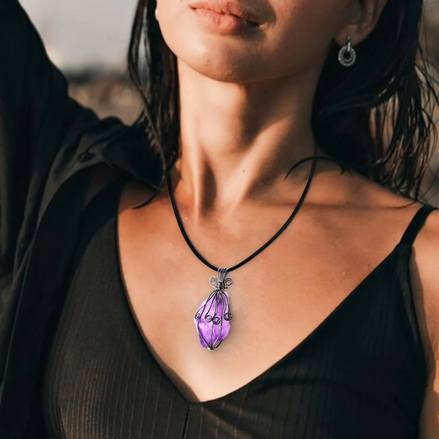 HZHRony Healing Crystal Necklace Copper Wire Wrapped Natural Stone Pendant Necklaces Handmade Gemstone Necklace Jewelry Gifts for Women Men