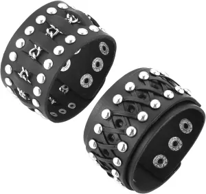 HZMAN 2Pcs Leather Bracelets for Men Gothic Punk Retro Wide Cuff Bracelet Handmade Braided Black Leather Wristband Bracelet Jewelry Gift