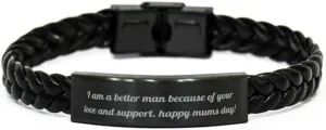 I am a better man because.! Braided Leather Bracelet, Single mom Engraved Bracelet, Unique Gifts For Single mom from Son Daughter, Bangle bracelet, Cuff bracelet, Wrap bracelet, Friendship bracelet
