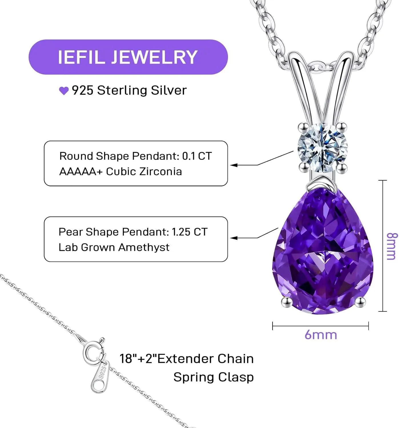 Iefil 1.25 Ct Pear Birthstone Necklaces for Women, 18K White Gold Plated S925 Sterling Silver Genuine or Created Gemstone Birthstone Jewelry for Women Birthday Gifts