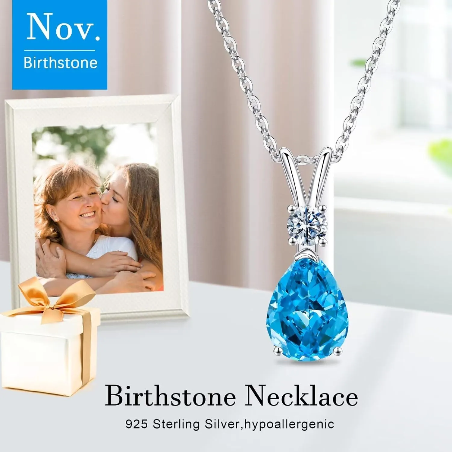 Iefil 1.25 Ct Pear Birthstone Necklaces for Women, 18K White Gold Plated S925 Sterling Silver Genuine or Created Gemstone Birthstone Jewelry for Women Birthday Gifts