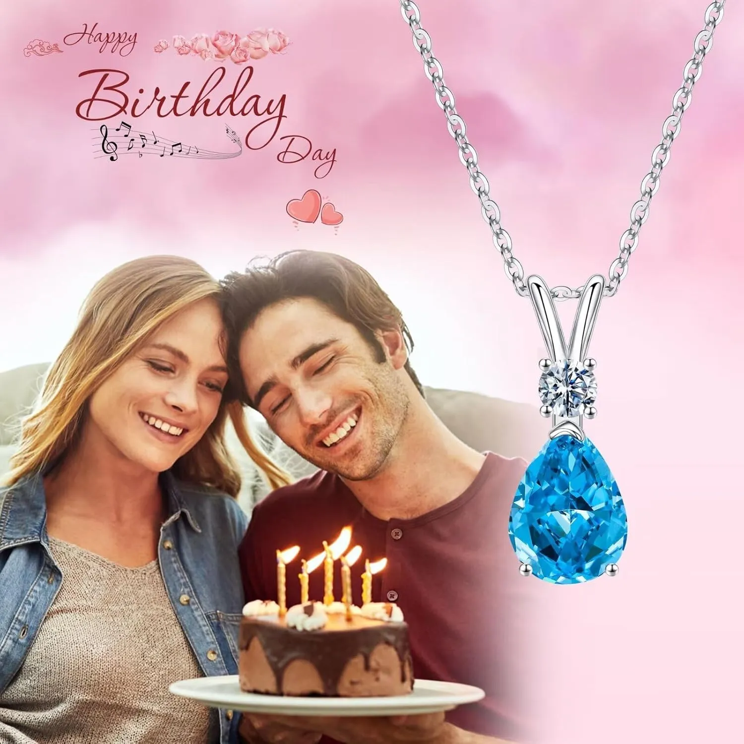 Iefil 1.25 Ct Pear Birthstone Necklaces for Women, 18K White Gold Plated S925 Sterling Silver Genuine or Created Gemstone Birthstone Jewelry for Women Birthday Gifts