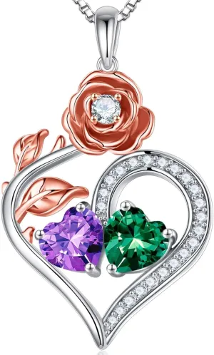 Iefil Rose Heart Birthstone Necklaces for Women - 925 Sterling Silver Double Birthstone Necklace, Anniversary Birthday Gifts for Women, Jewelry Gifts for Wife Her