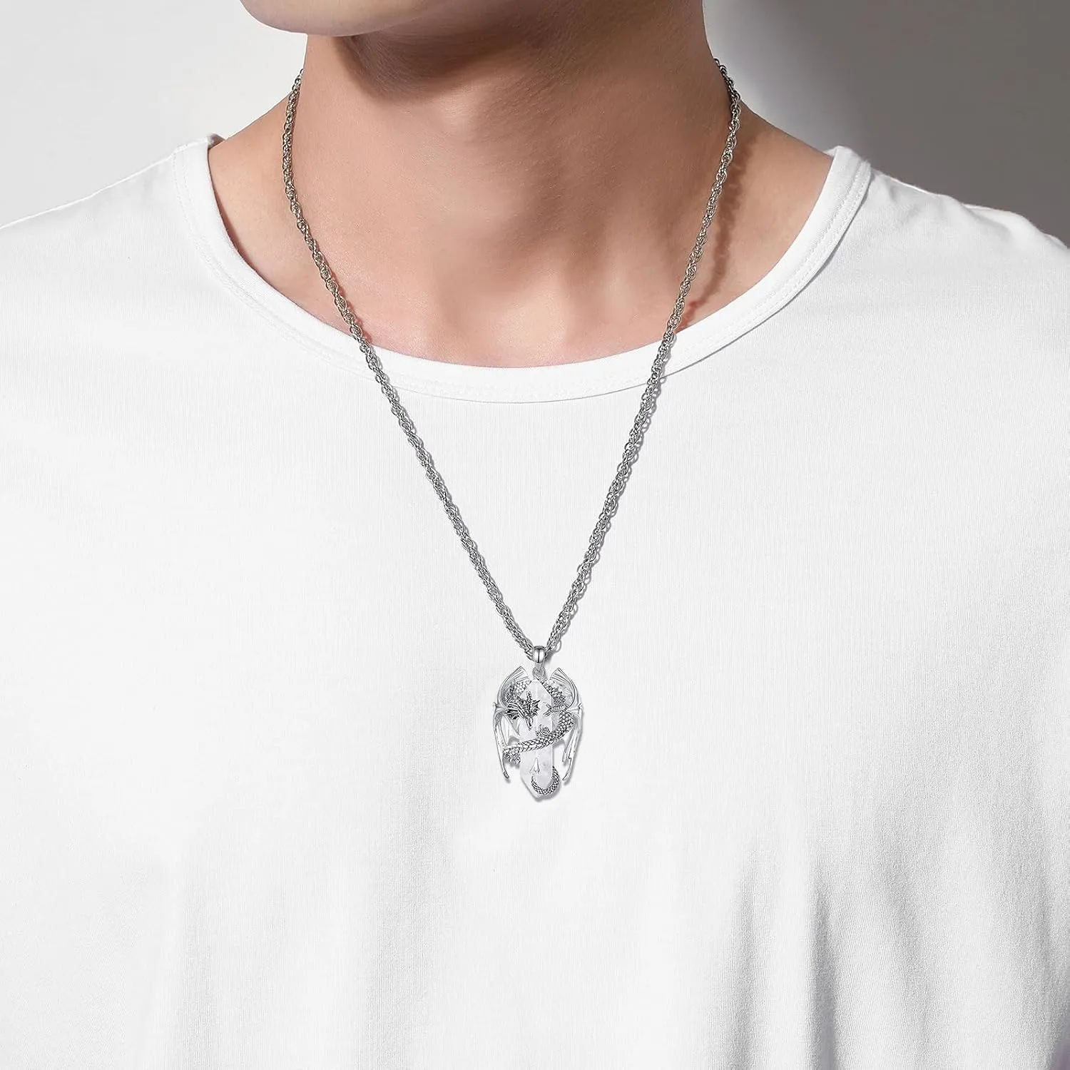 INFUSEU Dragon Necklaces with Healing Crystal Stone for Men Women, Unique Personalized Spiritual Gifts, 22 2 Inch Chain