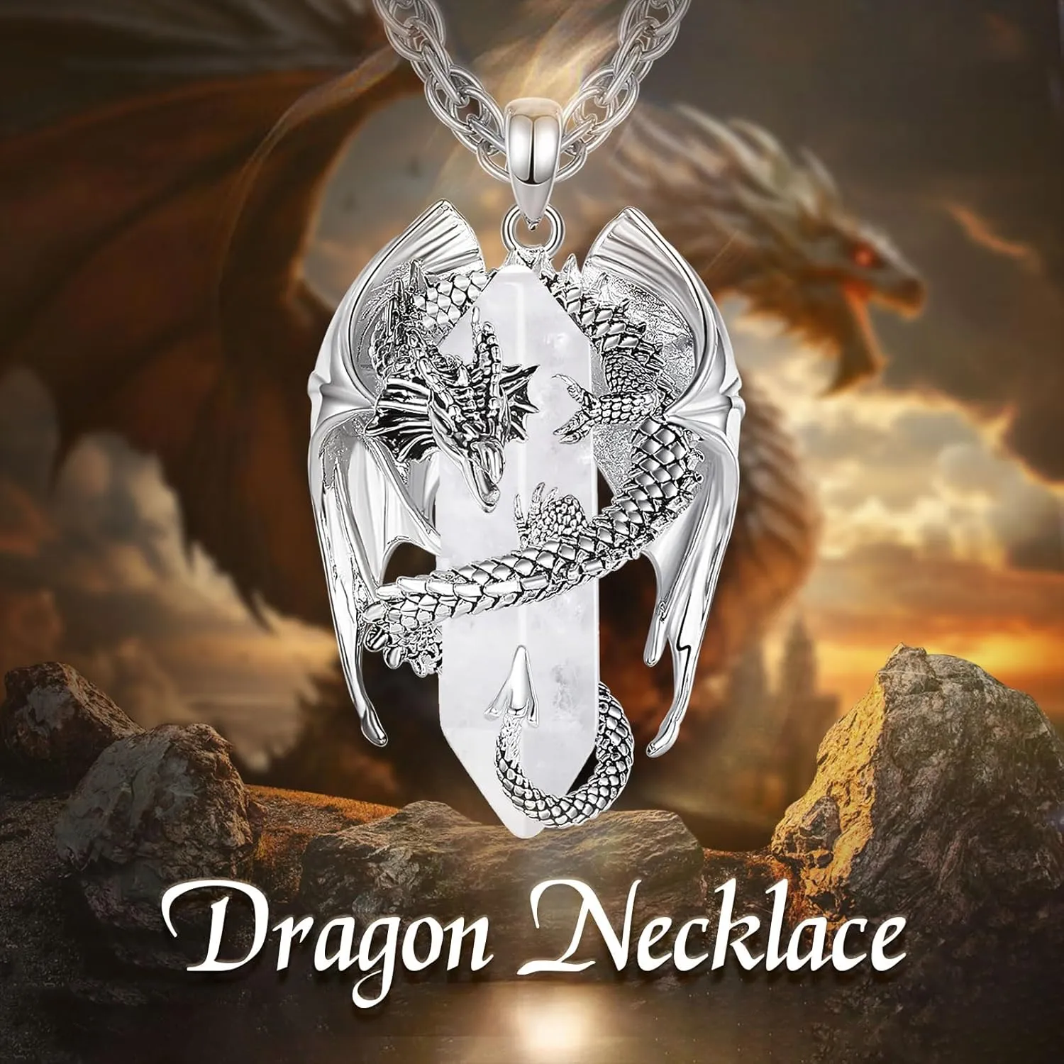 INFUSEU Dragon Necklaces with Healing Crystal Stone for Men Women, Unique Personalized Spiritual Gifts, 22 2 Inch Chain