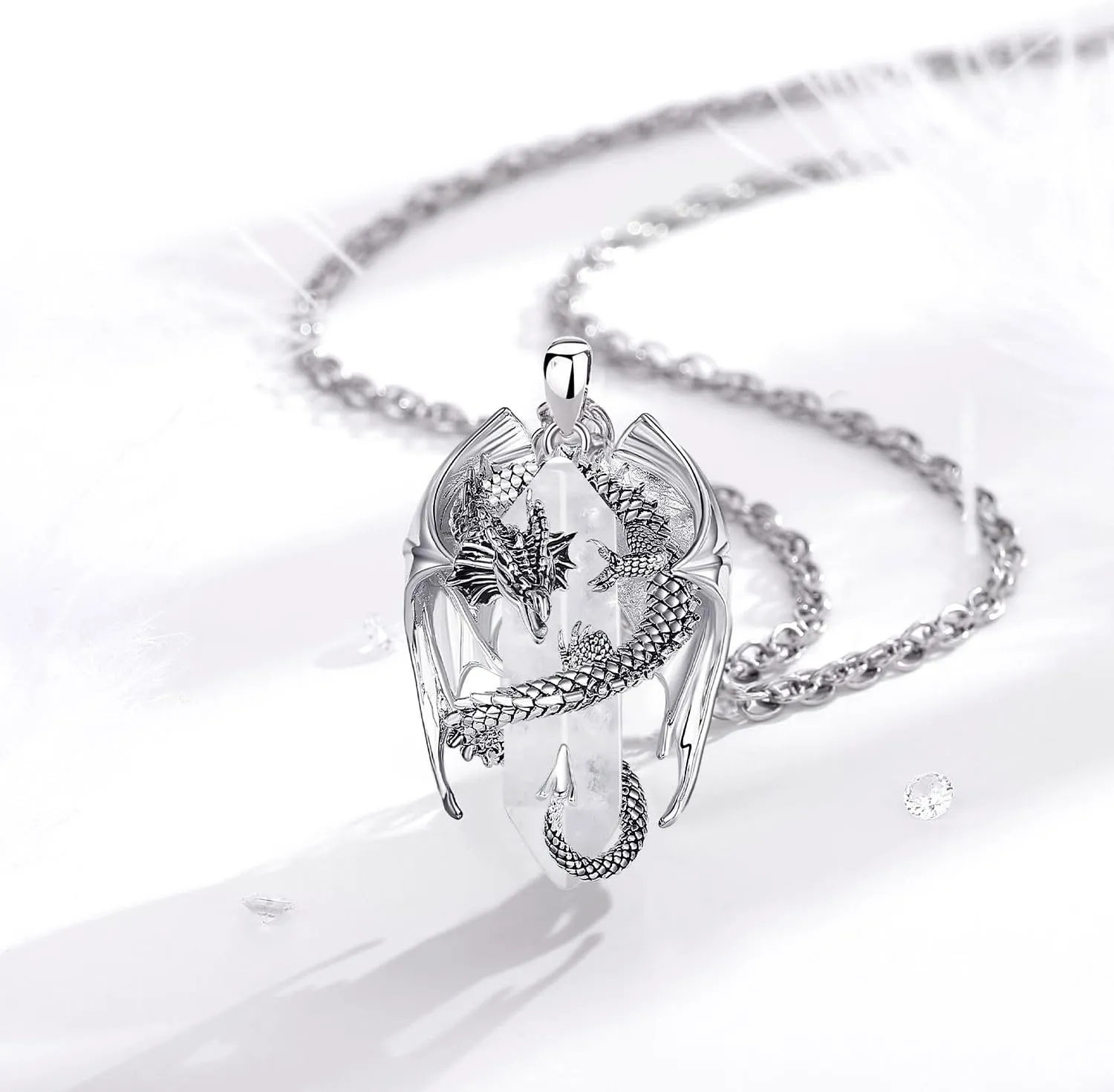 INFUSEU Dragon Necklaces with Healing Crystal Stone for Men Women, Unique Personalized Spiritual Gifts, 22 2 Inch Chain