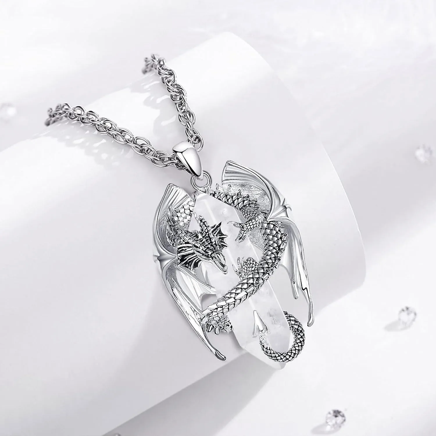 INFUSEU Dragon Necklaces with Healing Crystal Stone for Men Women, Unique Personalized Spiritual Gifts, 22 2 Inch Chain