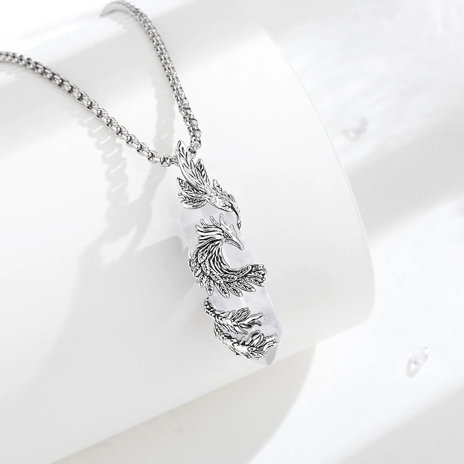 INFUSEU Elegant Phoenix Necklaces with Healing Crystal Stone for Women Men Unique Gifts, 22 2 Inch Chain