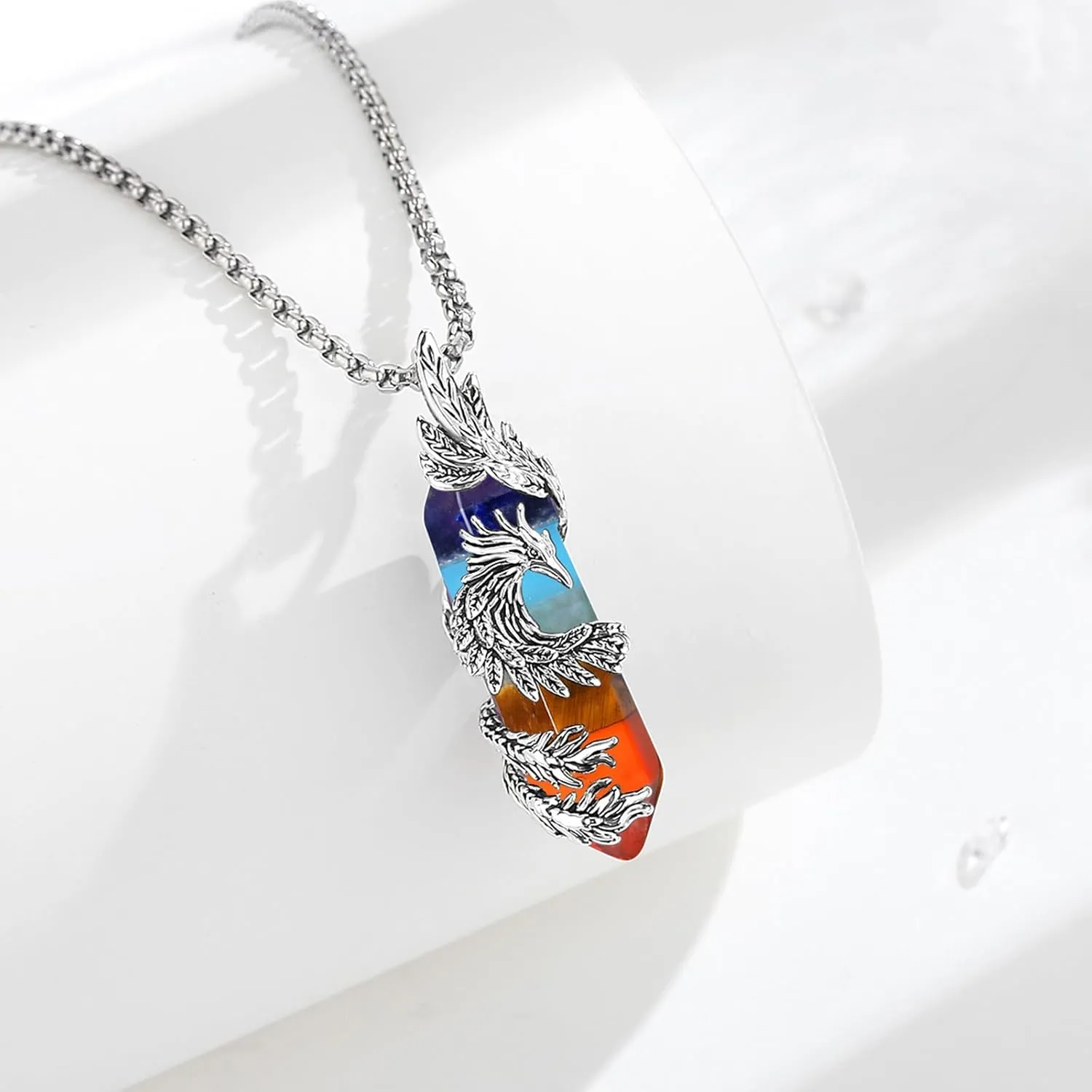 INFUSEU Elegant Phoenix Necklaces with Healing Crystal Stone for Women Men Unique Gifts, 22 2 Inch Chain