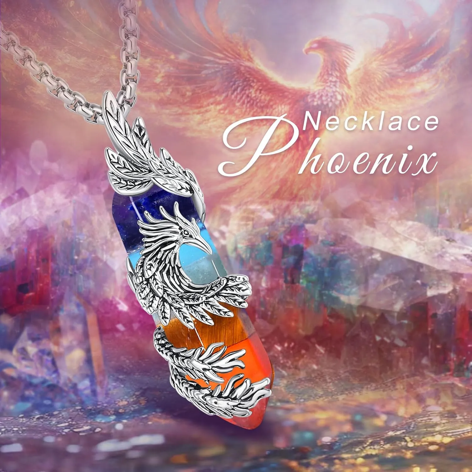 INFUSEU Elegant Phoenix Necklaces with Healing Crystal Stone for Women Men Unique Gifts, 22 2 Inch Chain