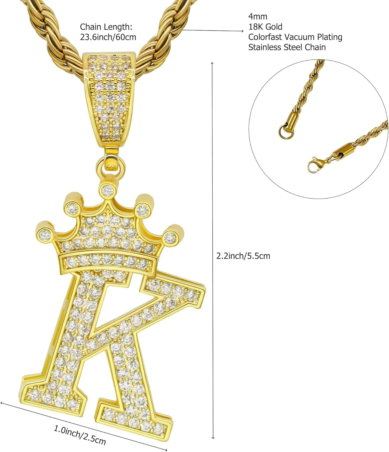 Initial A-Z Letter Crown Pendant Necklace, Hip Hop 18K Gold 24-inch Rope Chain, Cute Glitter Shiny CZ Personalized Alphabet Name Charm Jewelry Necklace