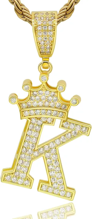 Initial A-Z Letter Crown Pendant Necklace, Hip Hop 18K Gold 24-inch Rope Chain, Cute Glitter Shiny CZ Personalized Alphabet Name Charm Jewelry Necklace