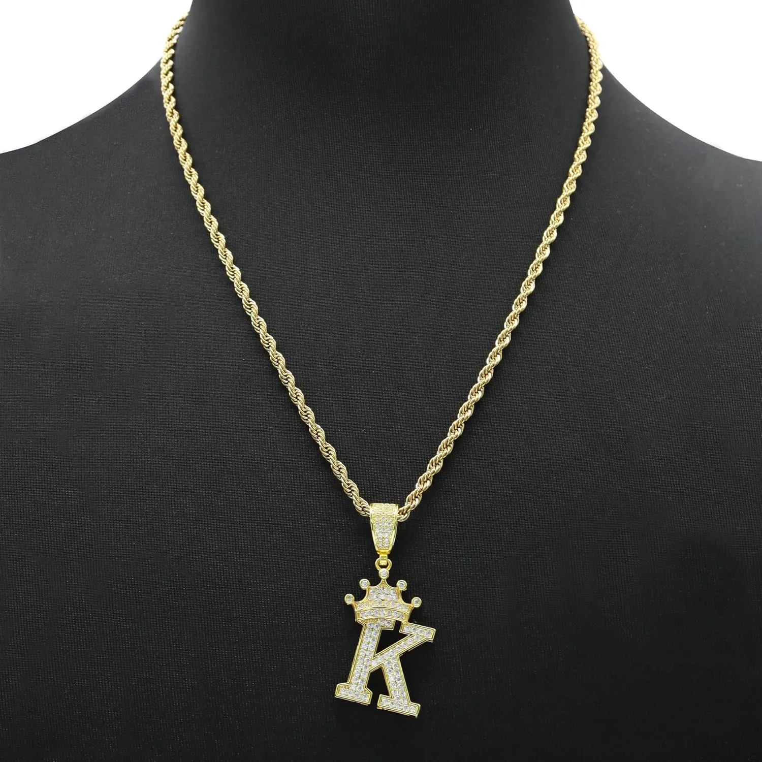 Initial A-Z Letter Crown Pendant Necklace, Hip Hop 18K Gold 24-inch Rope Chain, Cute Glitter Shiny CZ Personalized Alphabet Name Charm Jewelry Necklace