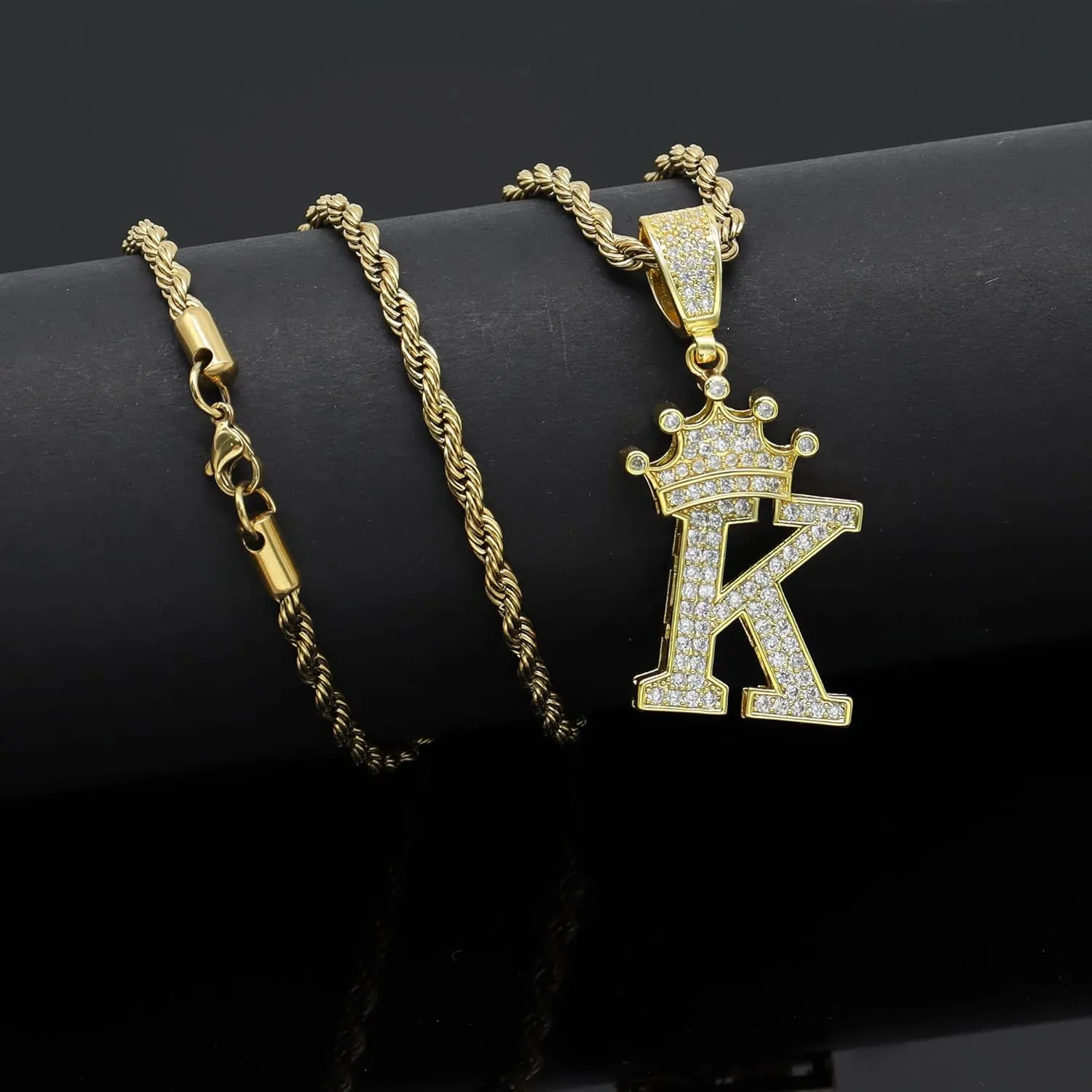 Initial A-Z Letter Crown Pendant Necklace, Hip Hop 18K Gold 24-inch Rope Chain, Cute Glitter Shiny CZ Personalized Alphabet Name Charm Jewelry Necklace