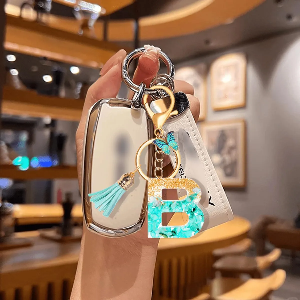 Initial Letter Keychains for Women Girls Purple Pink Keychain with Butterfly Purse Charms for Handbags Cute Tassel Keychain