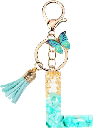 Initial Letter Keychains for Women Girls Purple Pink Keychain with Butterfly Purse Charms for Handbags Cute Tassel Keychain