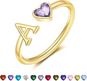 Initial Rings for Women Teen 14K Gold Plated Birthstone Rings Stackable Dainty Letter Rings Christmas Birthday Birthstone Jewelry Gifts for Mother Daughter,Adjustable Size 5-10