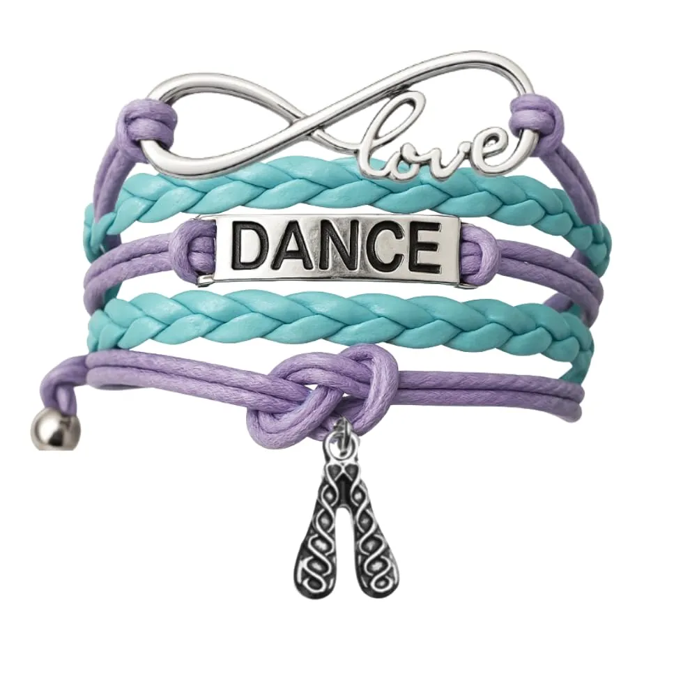 Irish Dance Accessories  Love Infinity Bracelet for Girls, Teens  Adjustable Teal and Lavender Braided Leather with Dance Letter Charm and Soft Shoe Pendant  Gift for Dancers