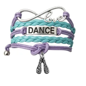 Irish Dance Accessories  Love Infinity Bracelet for Girls, Teens  Adjustable Teal and Lavender Braided Leather with Dance Letter Charm and Soft Shoe Pendant  Gift for Dancers