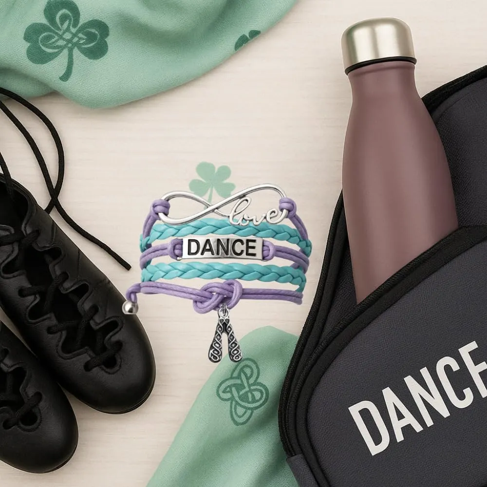 Irish Dance Accessories  Love Infinity Bracelet for Girls, Teens  Adjustable Teal and Lavender Braided Leather with Dance Letter Charm and Soft Shoe Pendant  Gift for Dancers